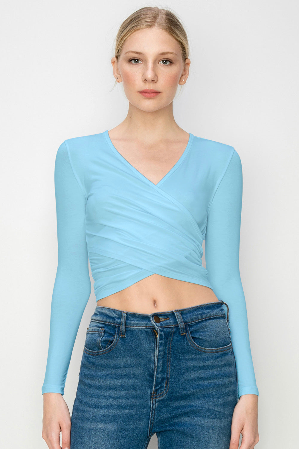 Women's Deep V-Neck Long Sleeve Crop Top