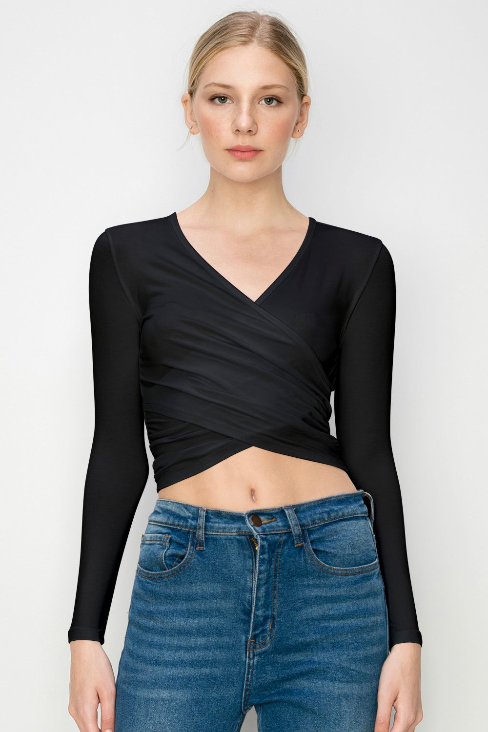 Women's Deep V-Neck Long Sleeve Crop Top