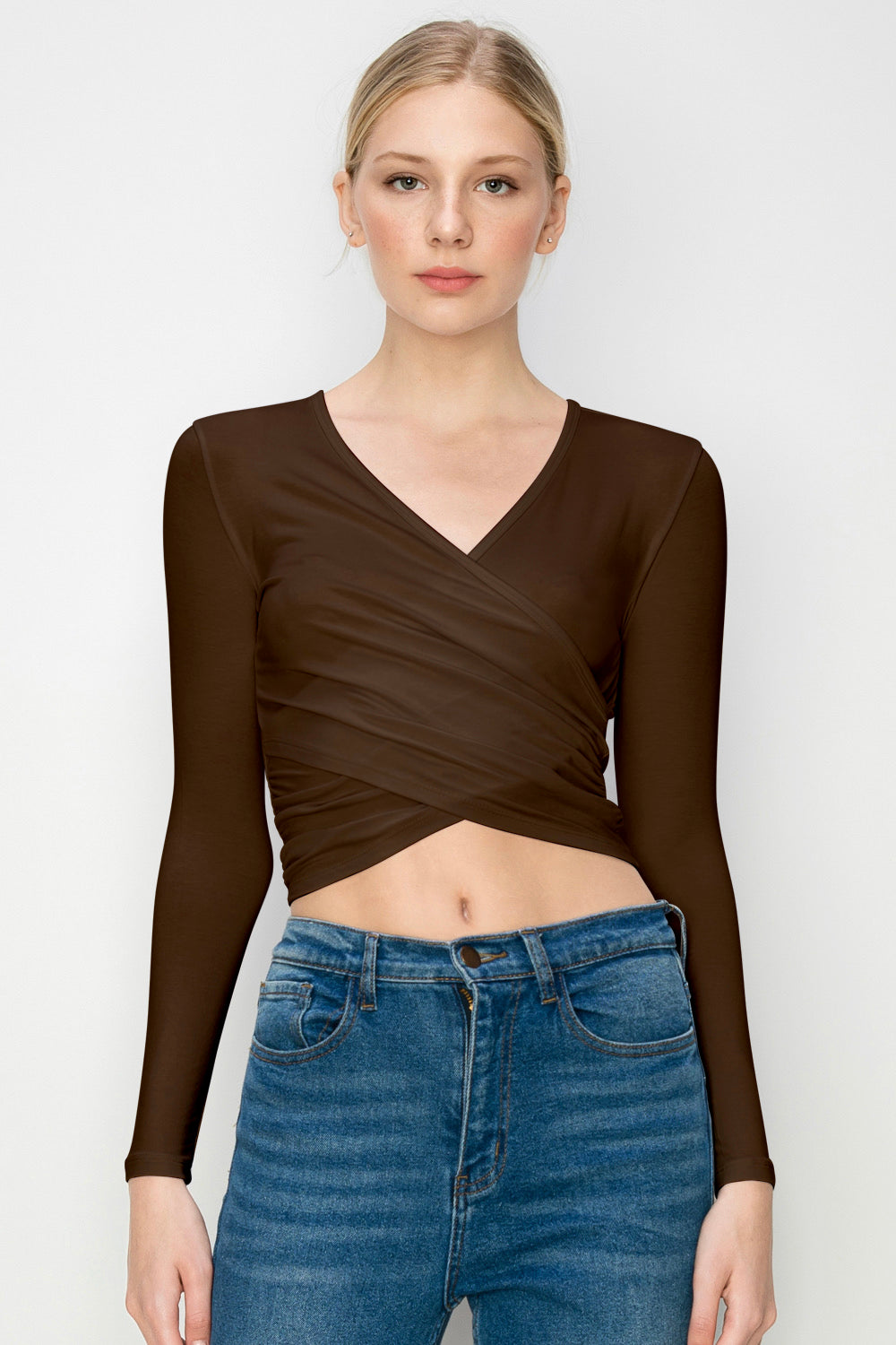 Women's Deep V-Neck Long Sleeve Crop Top