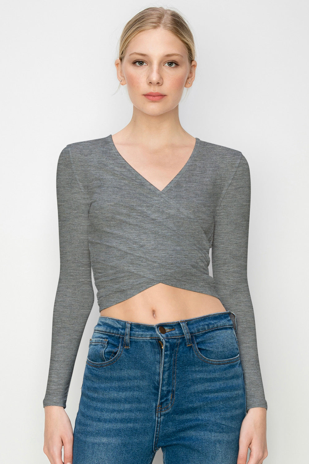 Women's Deep V-Neck Long Sleeve Crop Top