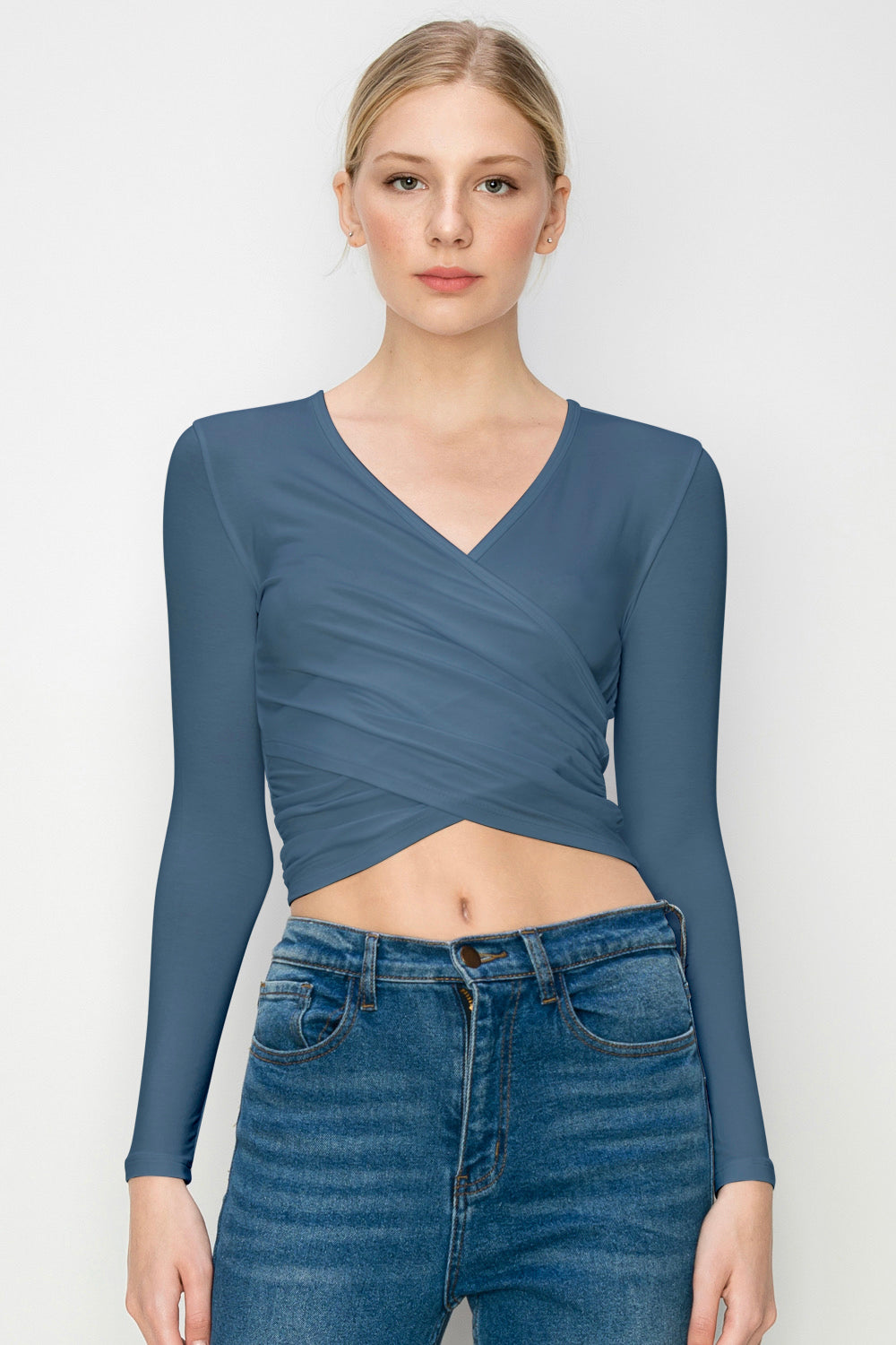 Women's Deep V-Neck Long Sleeve Crop Top