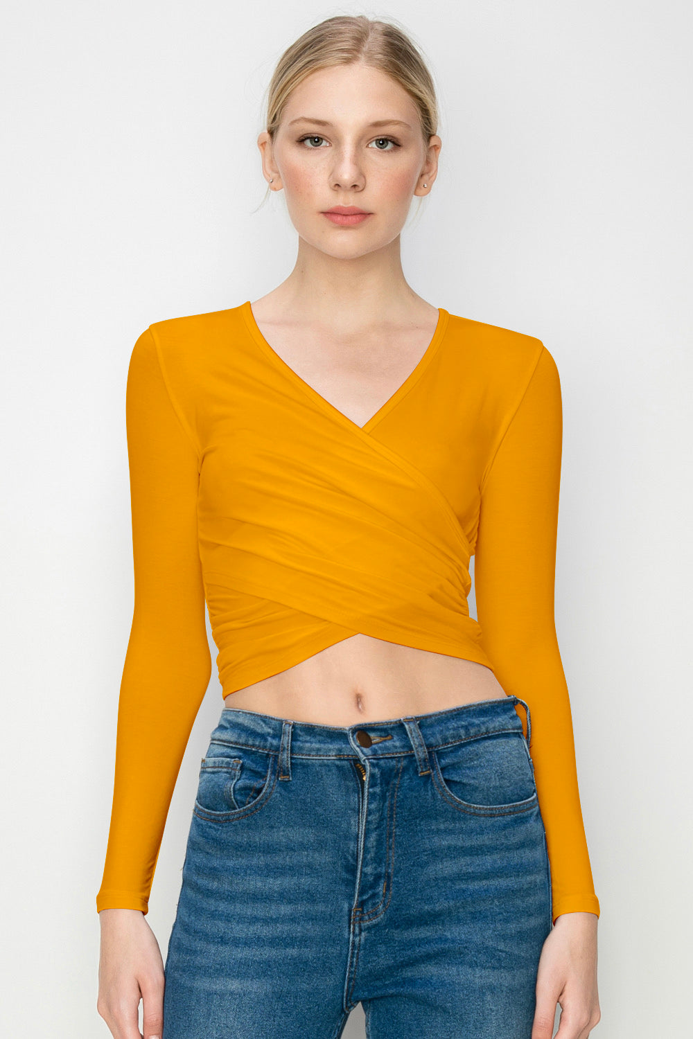 Women's Deep V-Neck Long Sleeve Crop Top