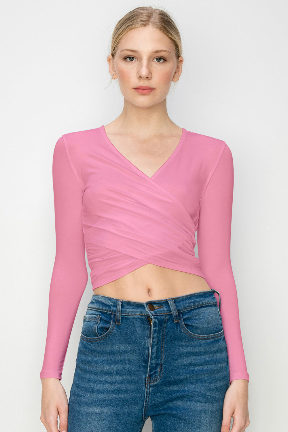 Women's Deep V-Neck Long Sleeve Crop Top