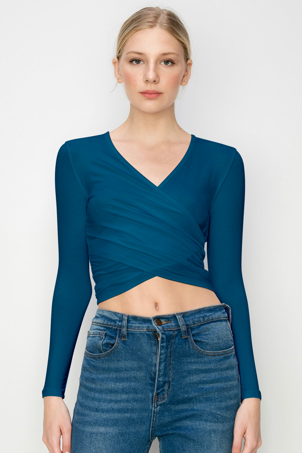 Women's Deep V-Neck Long Sleeve Crop Top