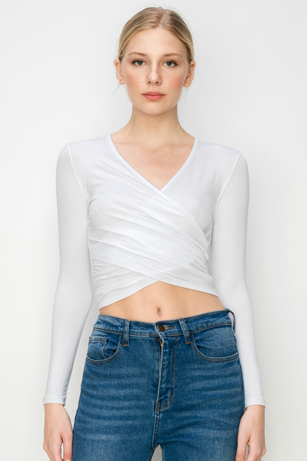 Women's Deep V-Neck Long Sleeve Crop Top