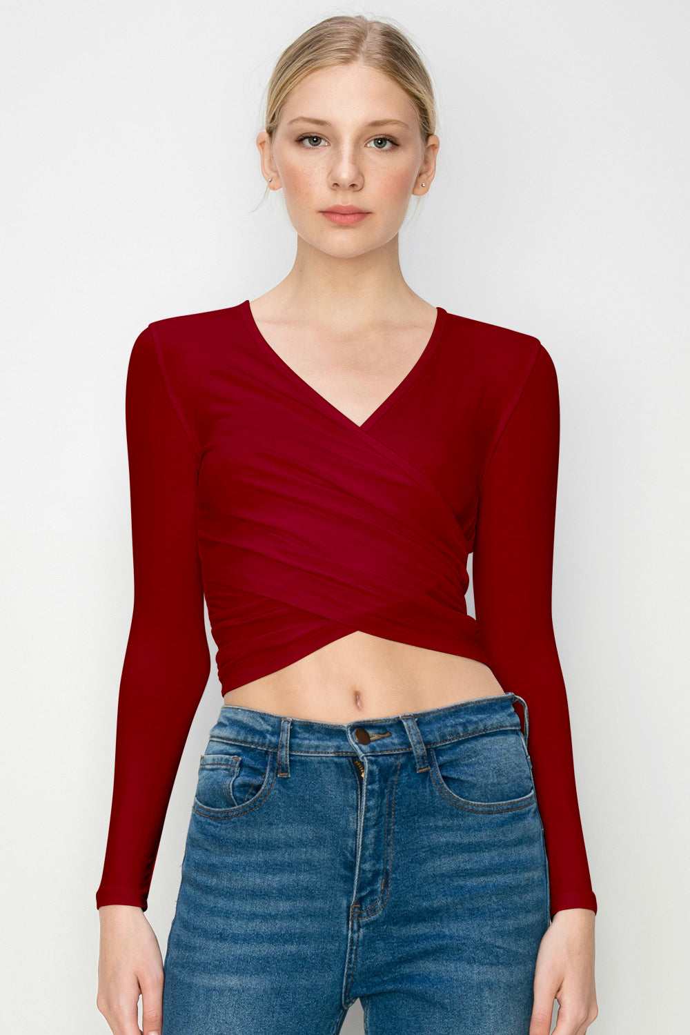 Women's Deep V-Neck Long Sleeve Crop Top